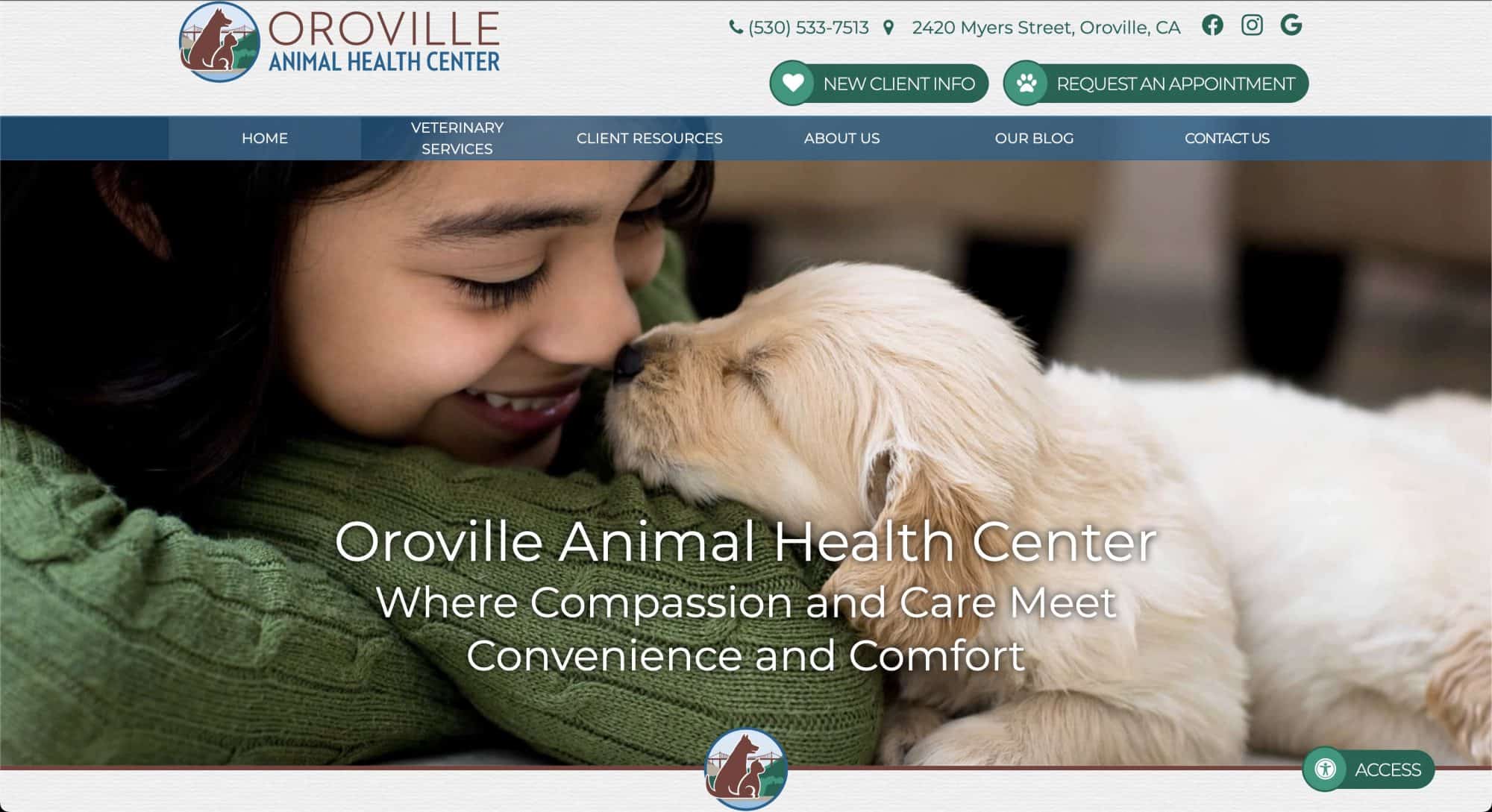 A screenshot of Oroville Animal Health Center's veterinary website.