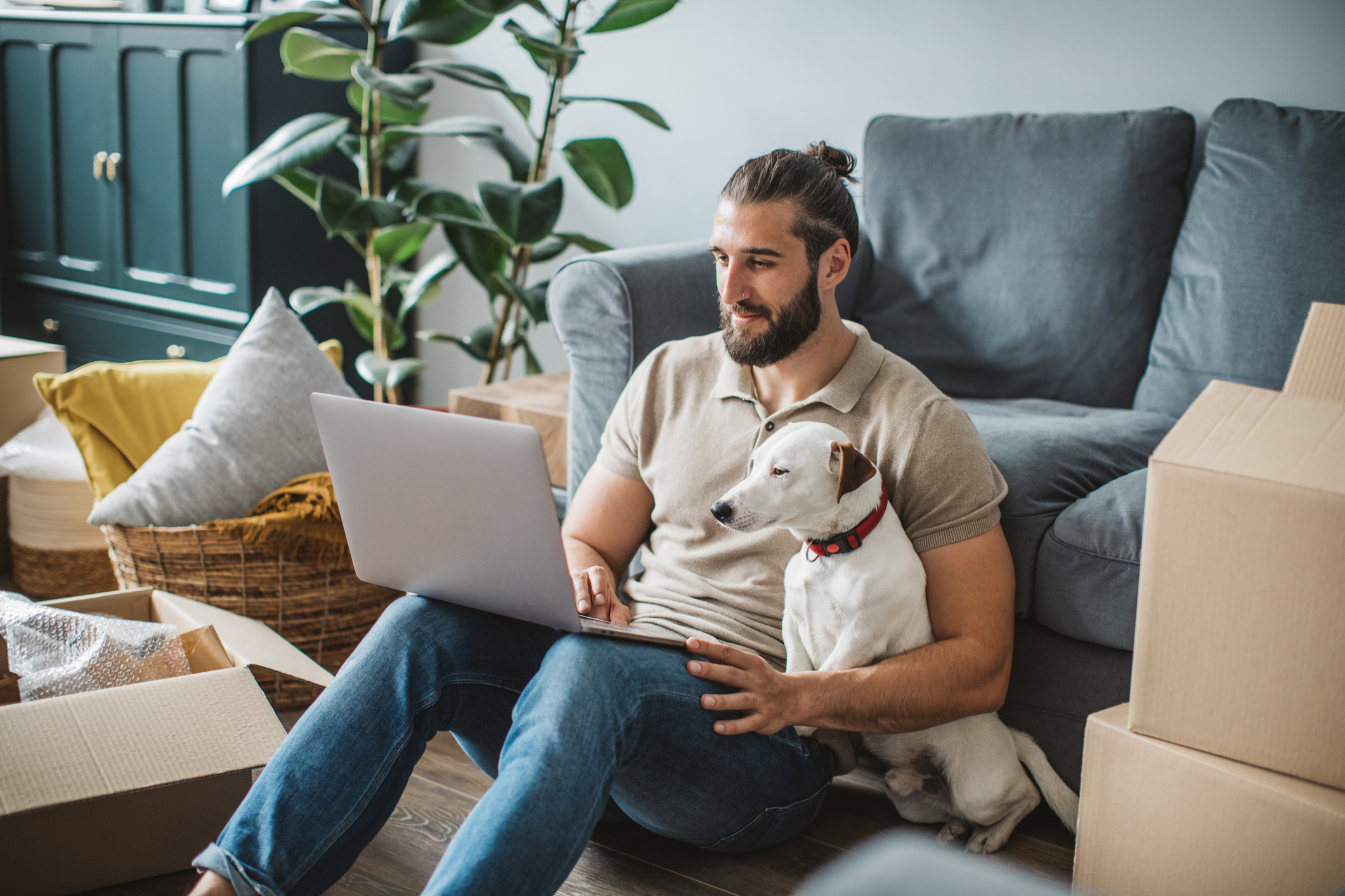 A man and his dog looking online for a new vet.