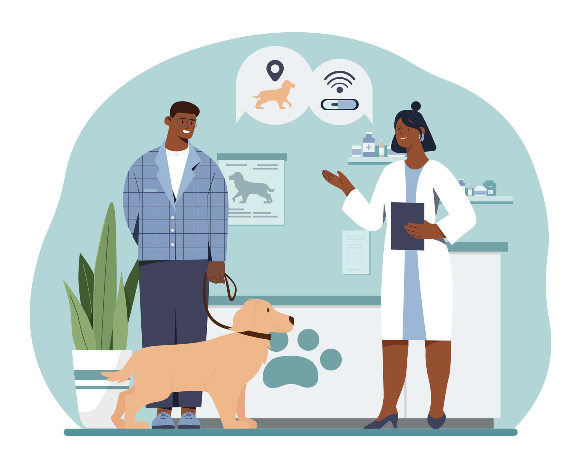 A drawing of a man bringing his dog to the veterinarian.
