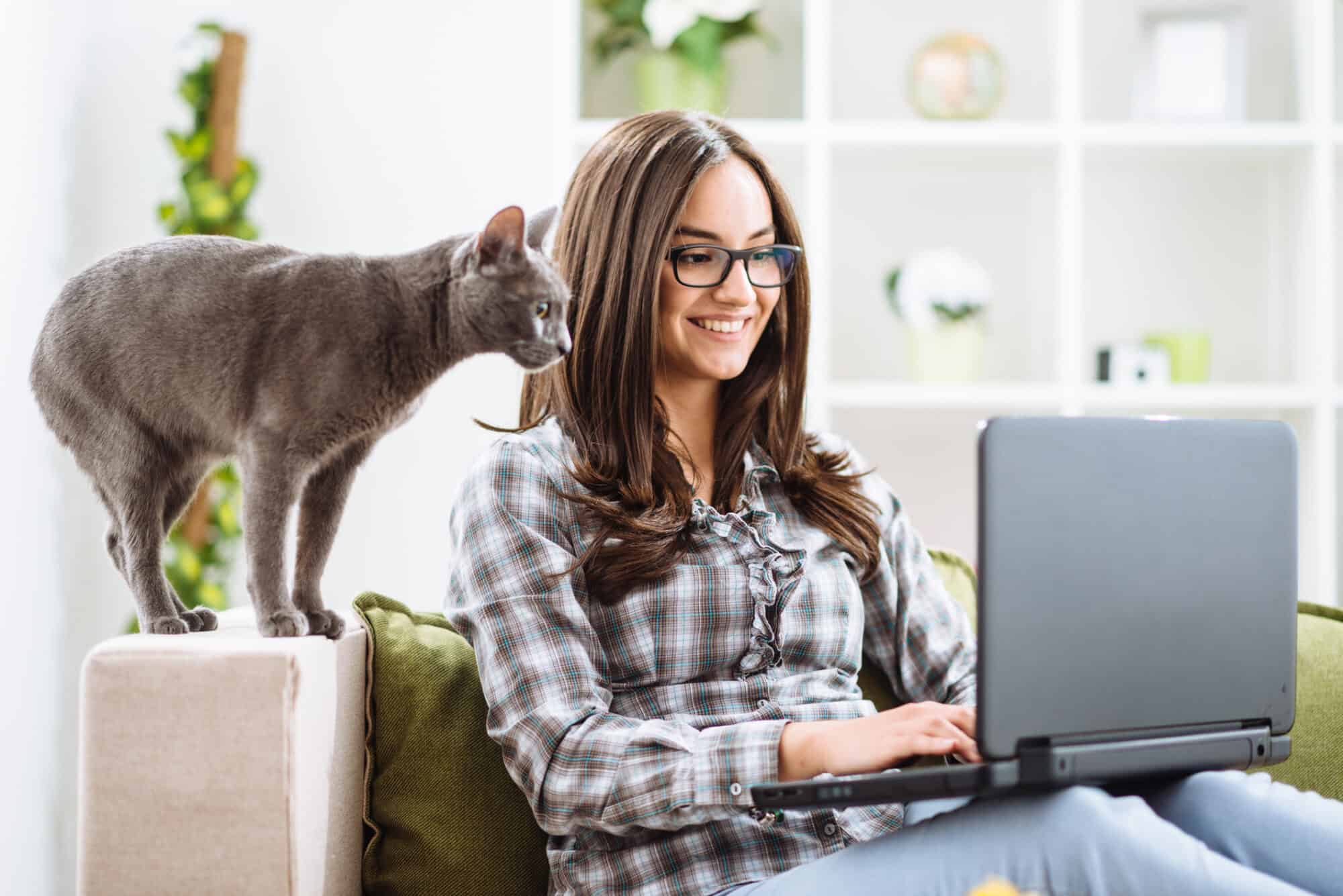 A cat looking over her owner's shoulder as she uses the computer.