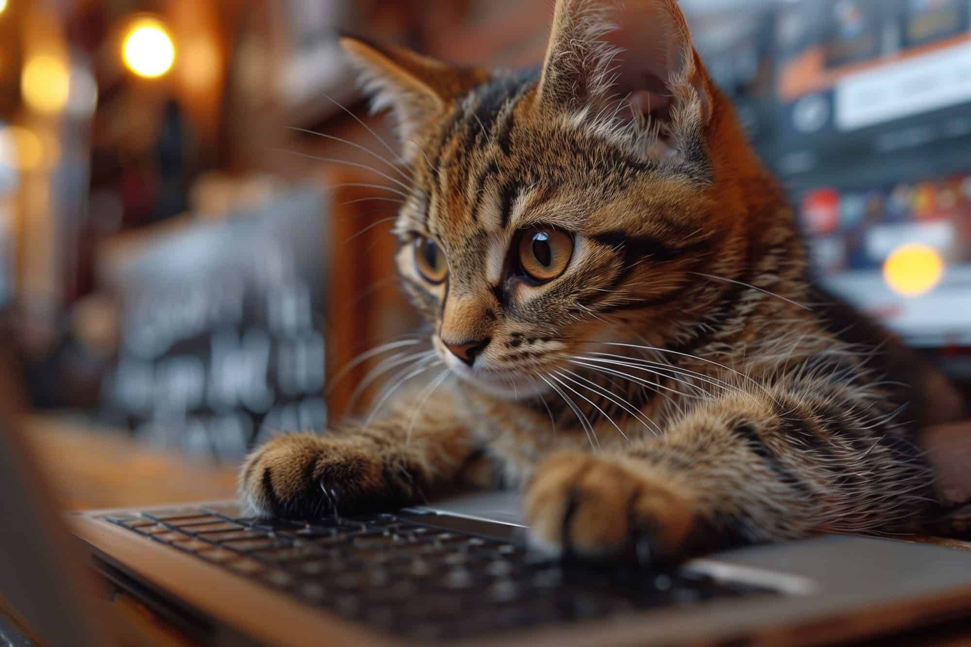 A cat using a computer very intently.
