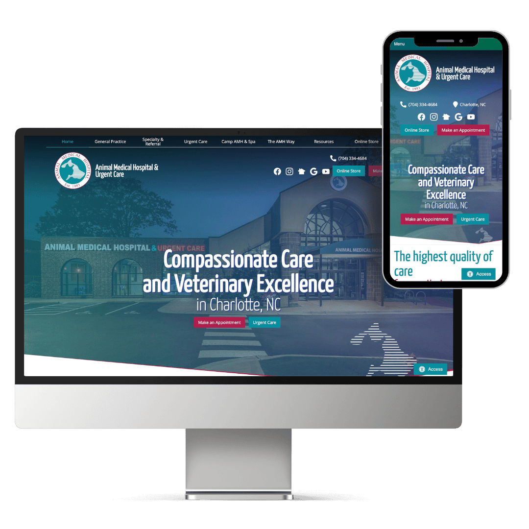 Screen view of Animal Medical Hospital & Urgent Care's veterinary practice website.