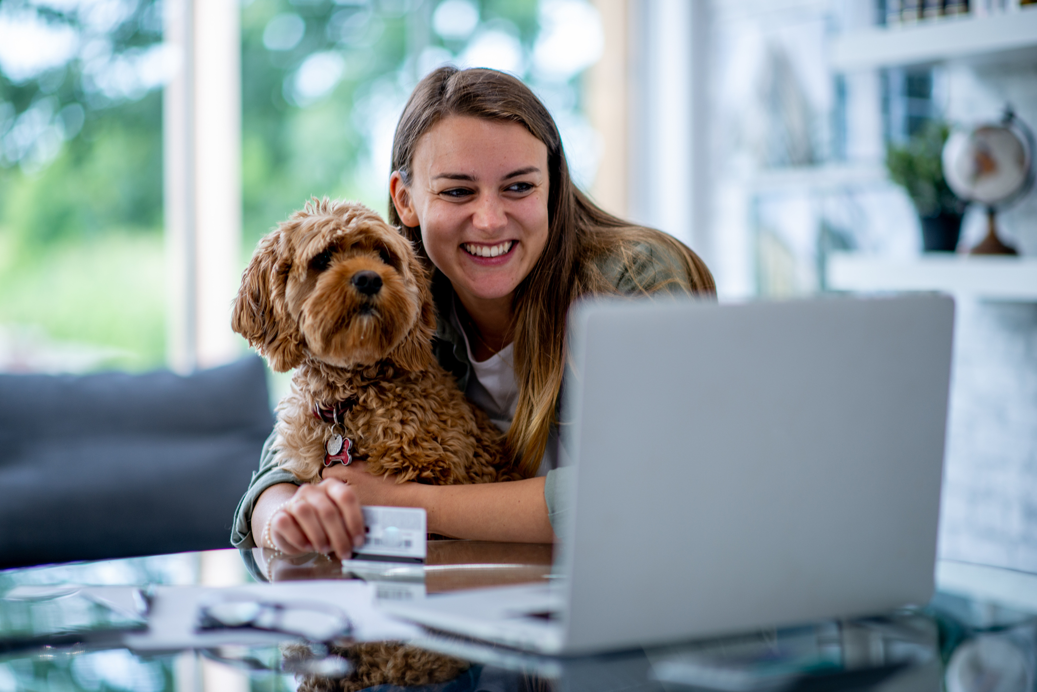 A woman and her dog looking at a laptop.