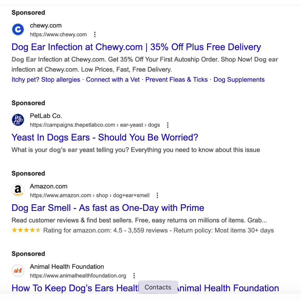 A screenshot of sponsored posts on a Google search.