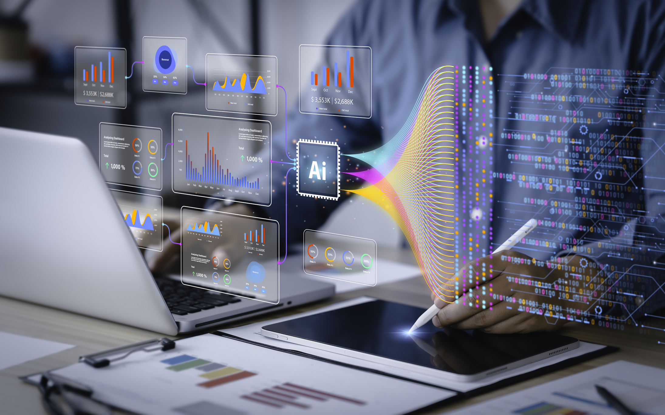 A man using a laptop overlayed with AI images.