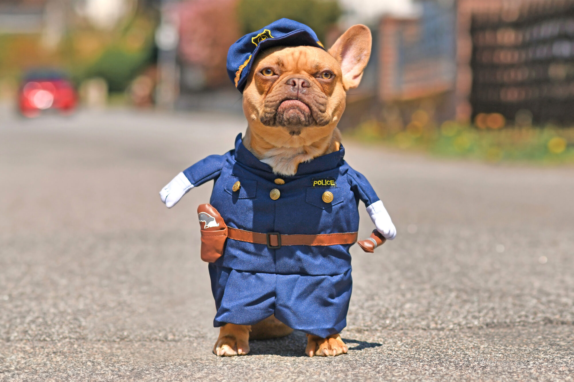 A dog dressed as a police officer.