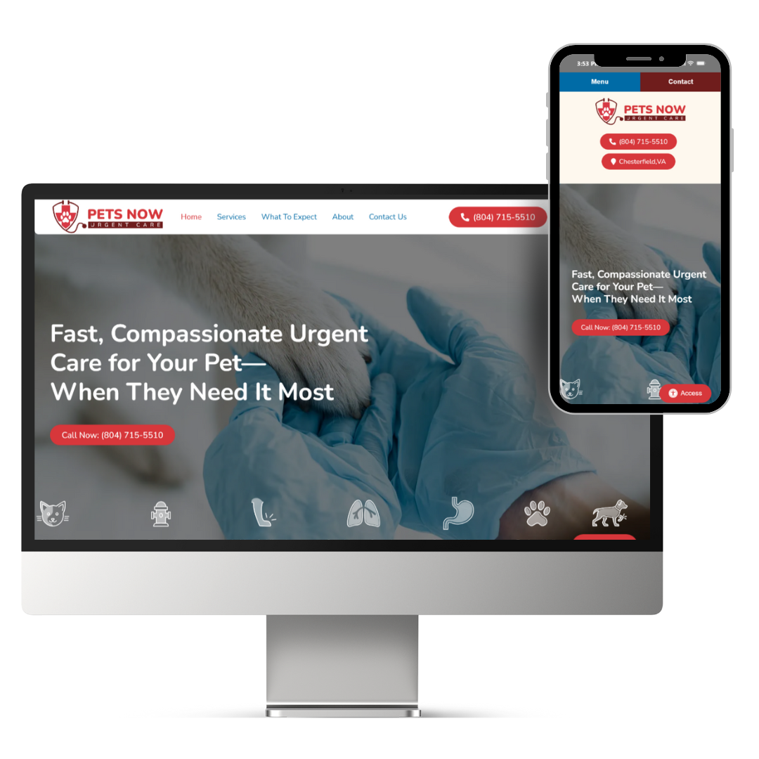 Pets Now Urgent Care's website design.