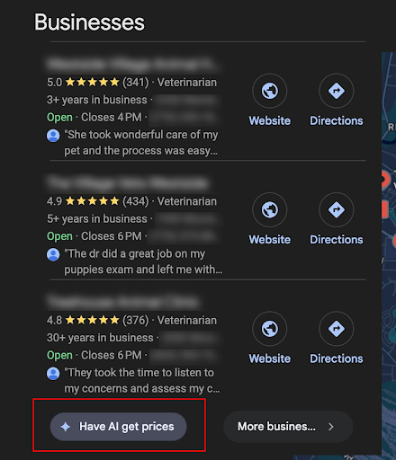 A screenshot of a Google search result that has a button that says "Have AI get prices."