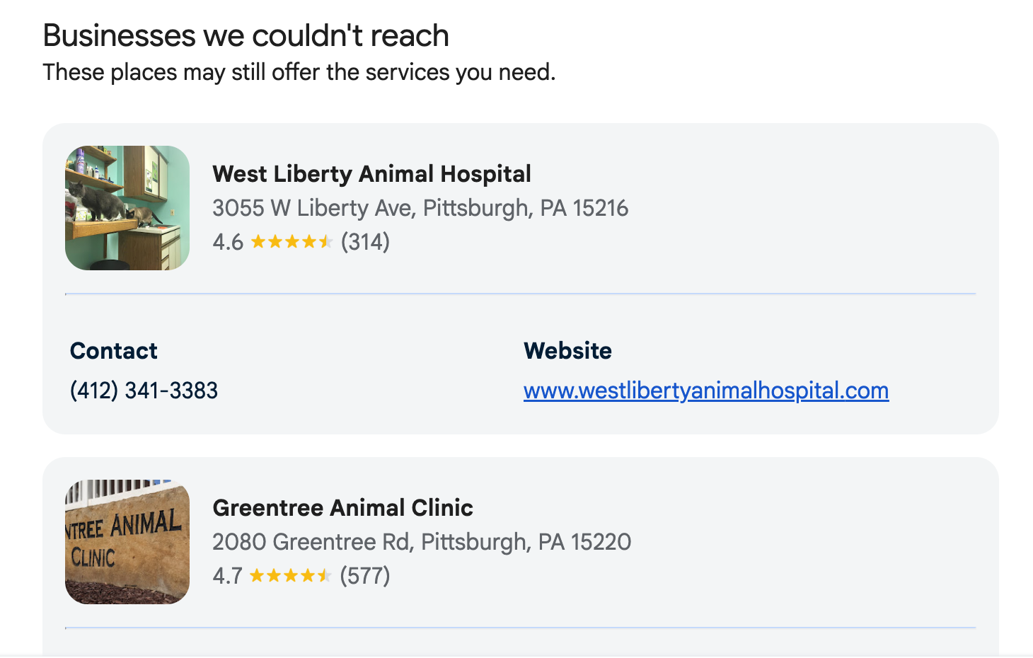 A screenshot of an AI pricing results page for businesses it couldn't reach.