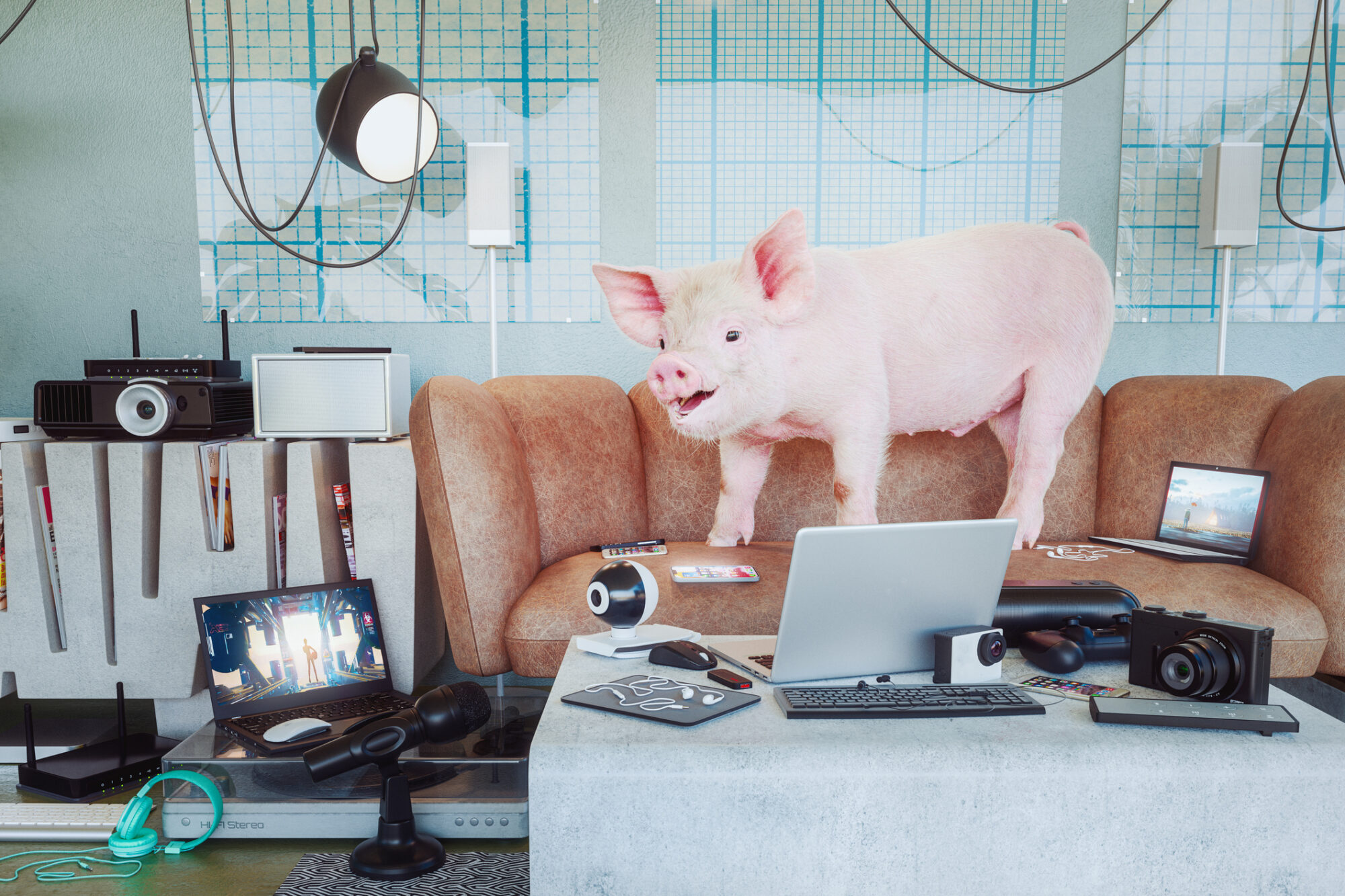 A pig surrounded by content creation equipment like laptops, cameras, and headphones.